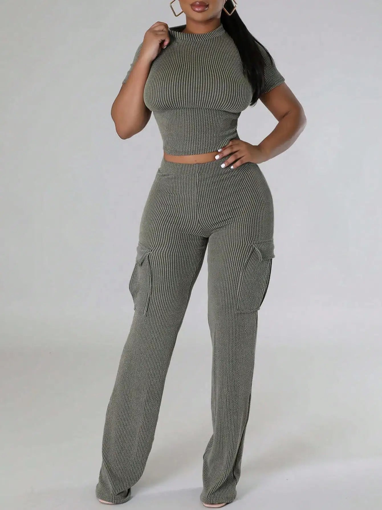 Women's Ribbed Knit Two-Piece Tracksuit - Short Sleeve Crop Top & High-Waisted Wide Leg Pants (Crewneck/Elastic Waist)