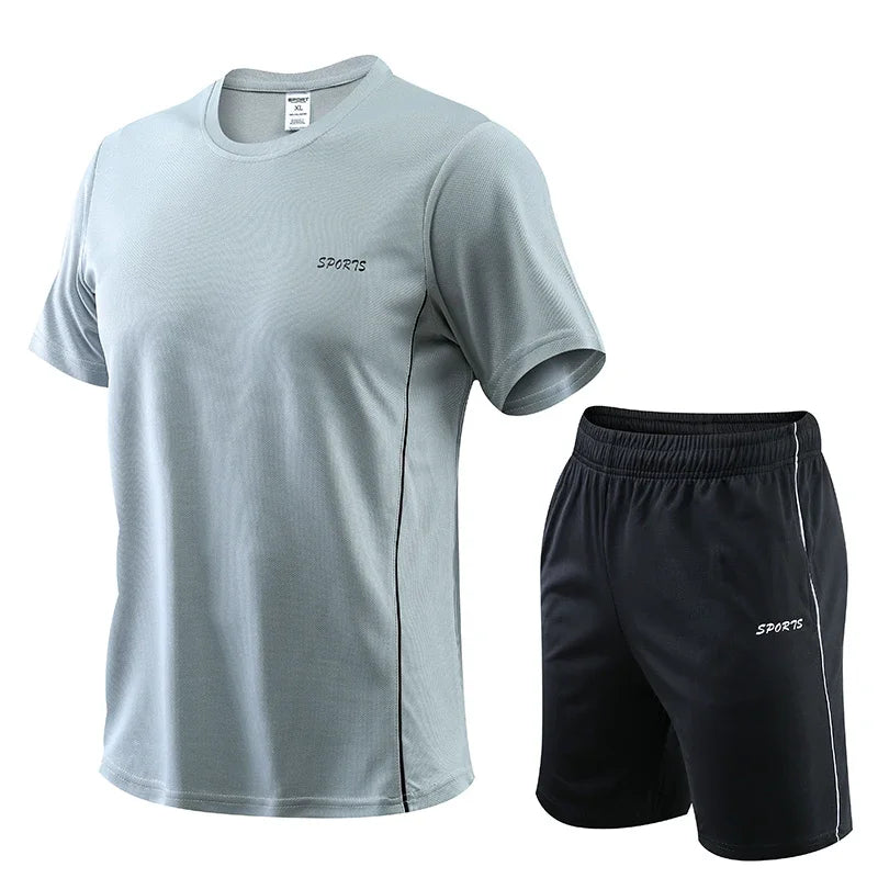 Men's Running Set Summer Quick Drying Sweat-absorbing Short Sleeved T-shirt Shorts Sports Suit Two-piece Set Men