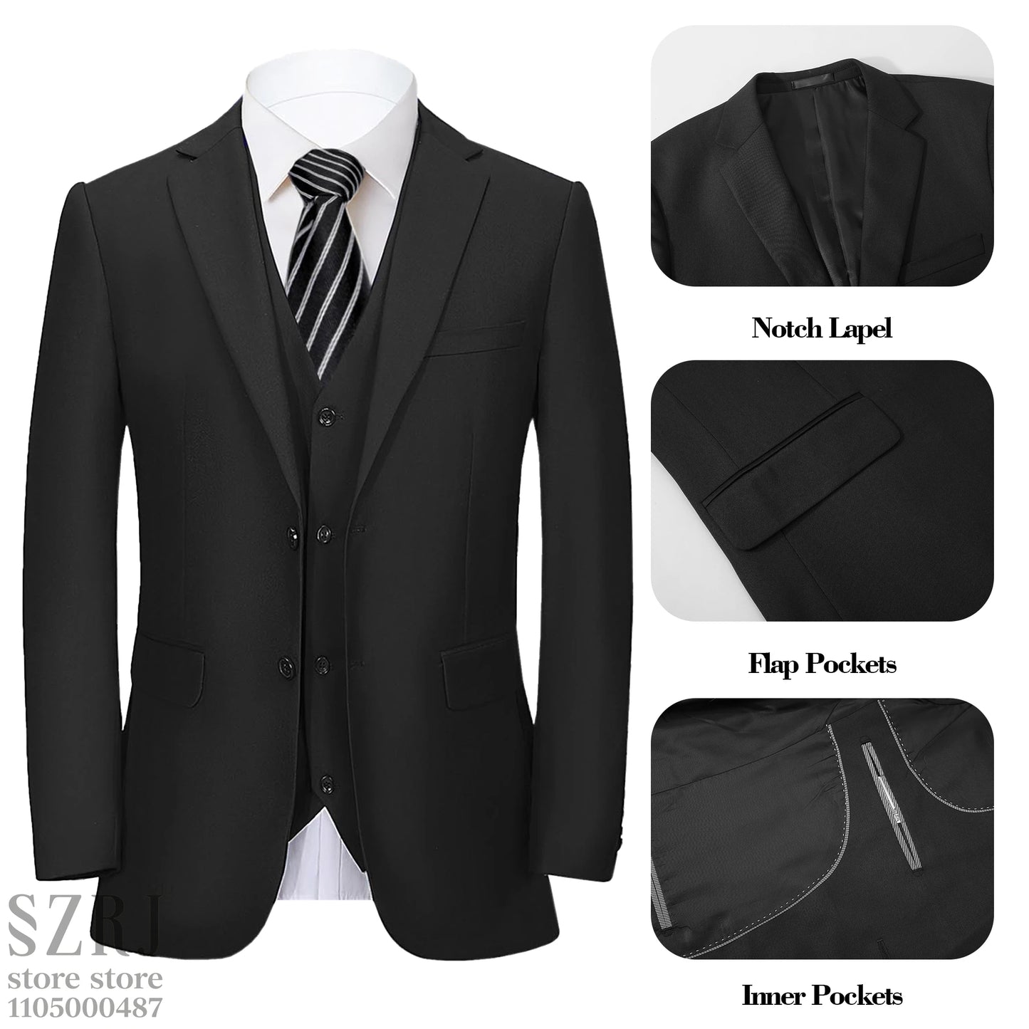 Men's 4-Piece Suit: Jacket+Vest+Pants+Blue Spotted Tie.Gentleman Style, Premium, Tailored. For Business, Parties, Weddings.