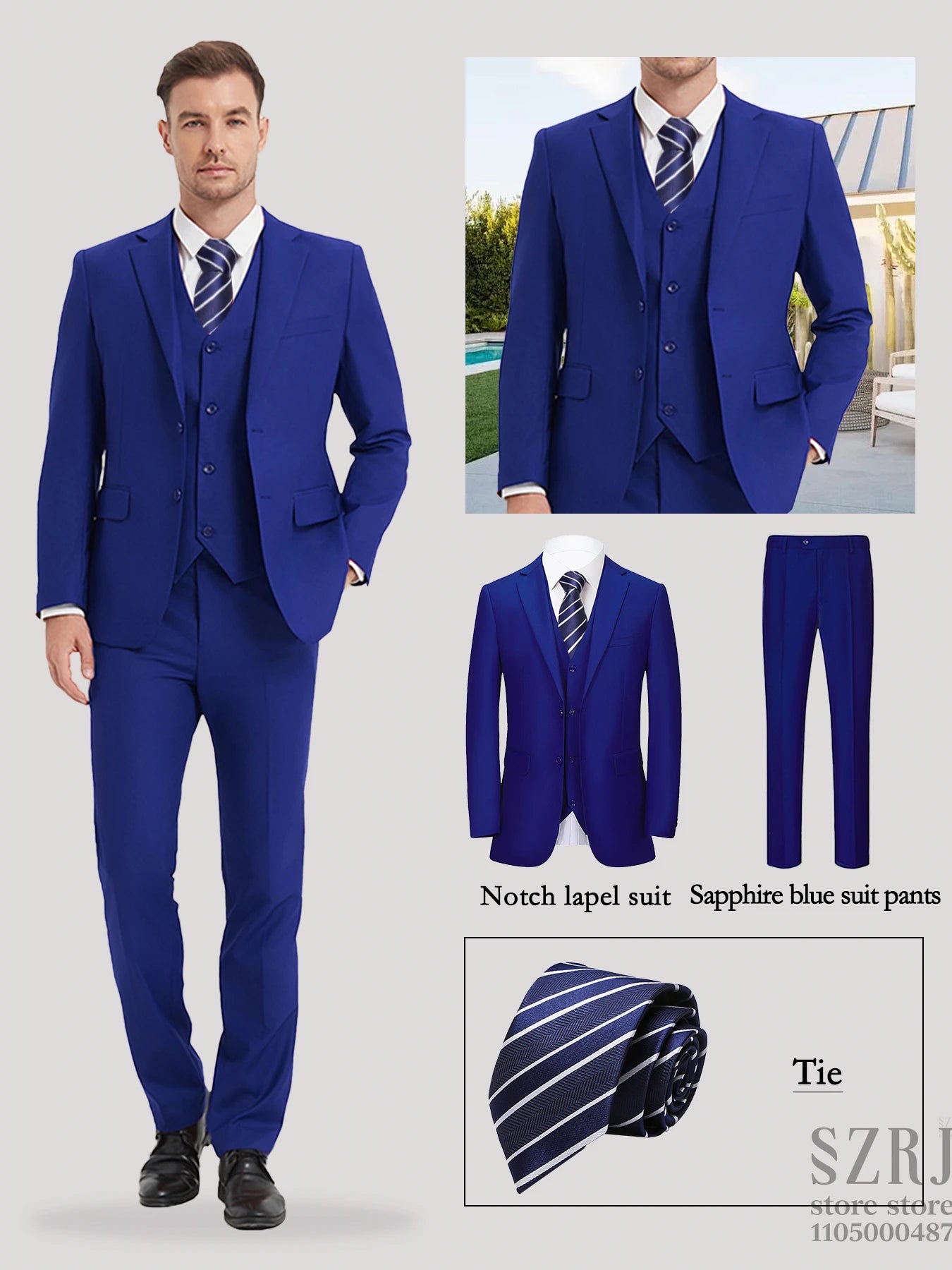 Men's 4-Piece Suit: Jacket+Vest+Pants+Blue Striped Tie. V-Neck, Gentleman Style, Tailored. For Business, Parties, Weddings.