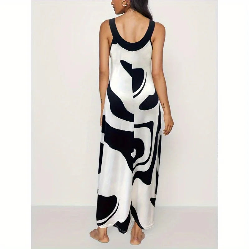 Oversized Geometric Print Cross Neck Maxi Dress