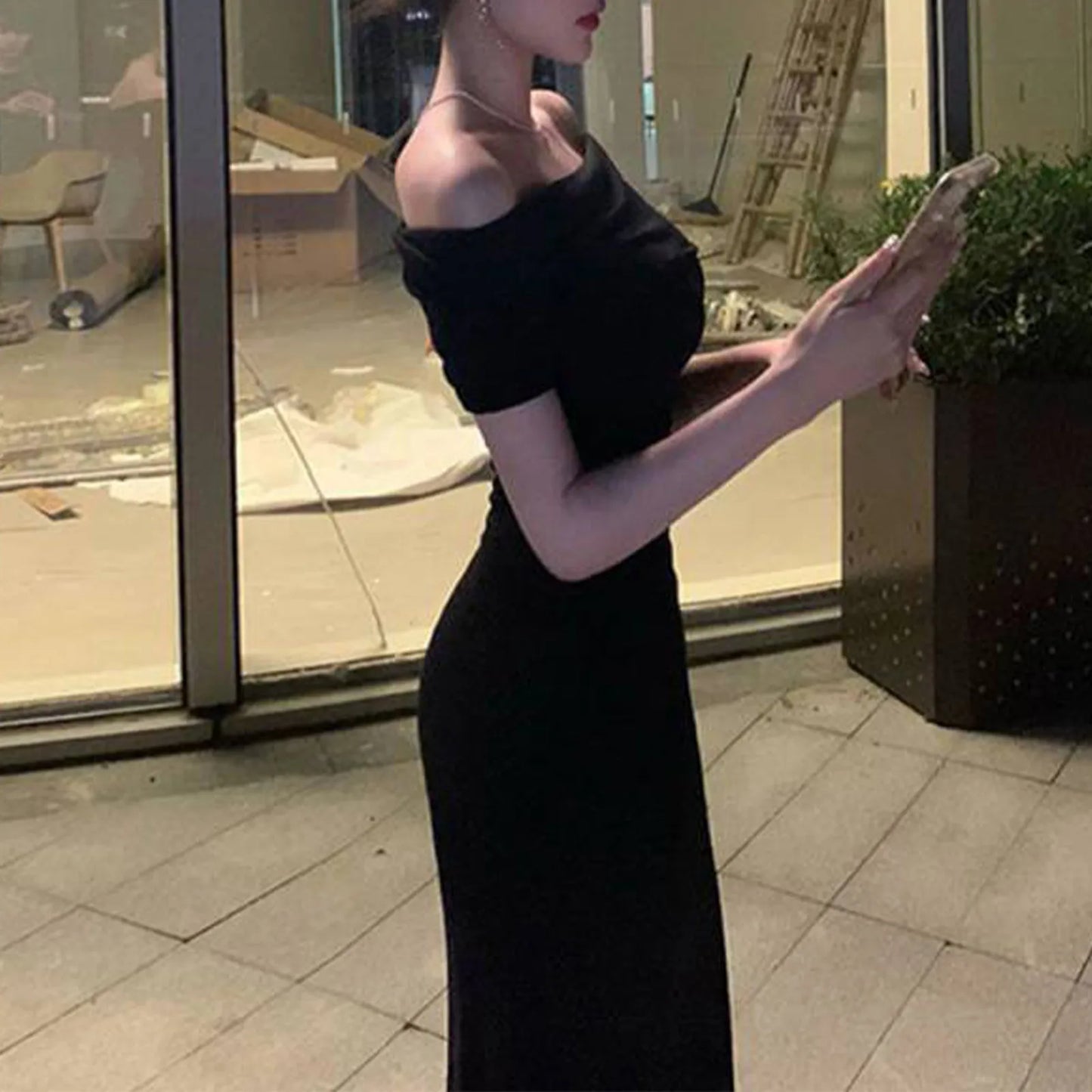 Elegant Off Shoulder Maxi Dress Bodycon Sweater Dress Solid Color Long Sleeve Knitted Party Dresses