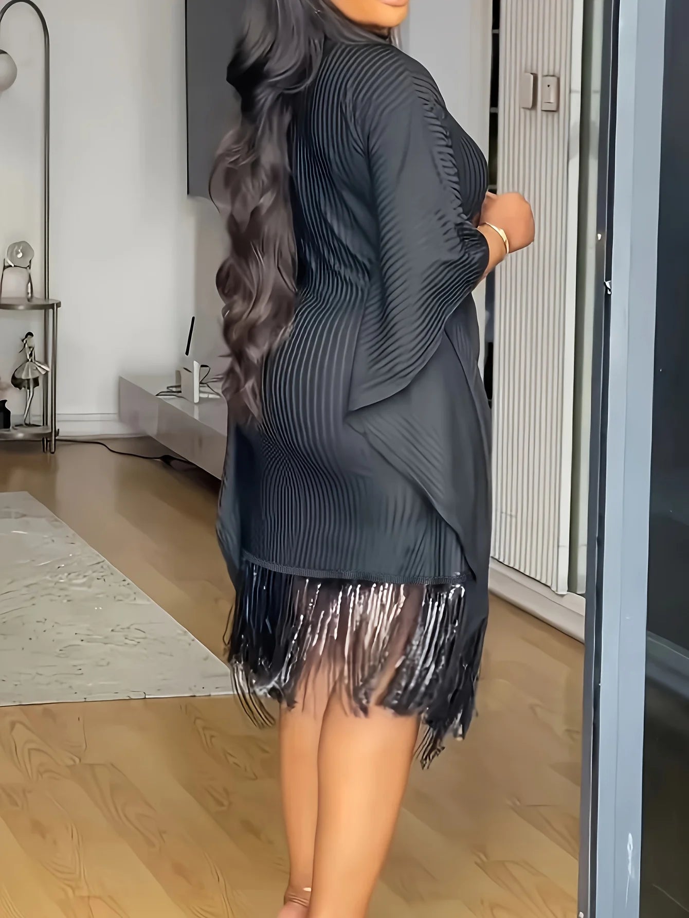 Round Neck Open Sleeve Fringed Hem Shirt Dress