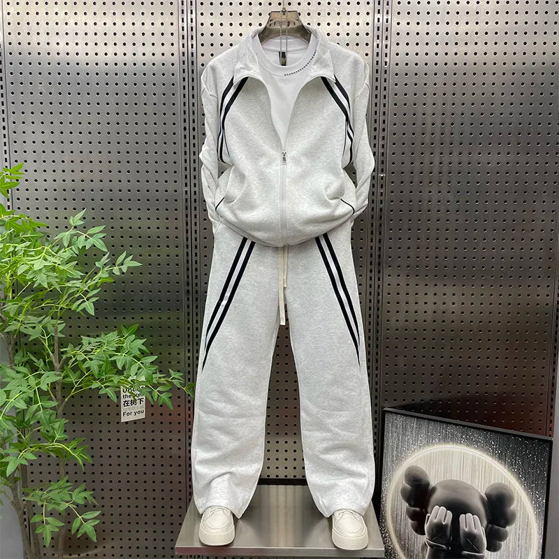 New Men Lapel Collar Zipper Tops Wide Leg Pants Sports Tracksuit Outdoor Jogging Running Set Mixed Colors Two Piece Training Set