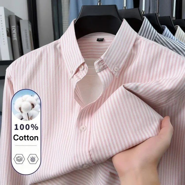 100% Cotton Men's Long Sleeve Stripe Shirt | Business Casual Button-Down Collar Regular Fit