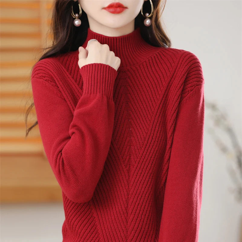 Women's 100% Pure Cotton Knitted Sweater Semi High Neck Solid Color Pullover Autumn and Winter Thick Casual Knitted Women's Top