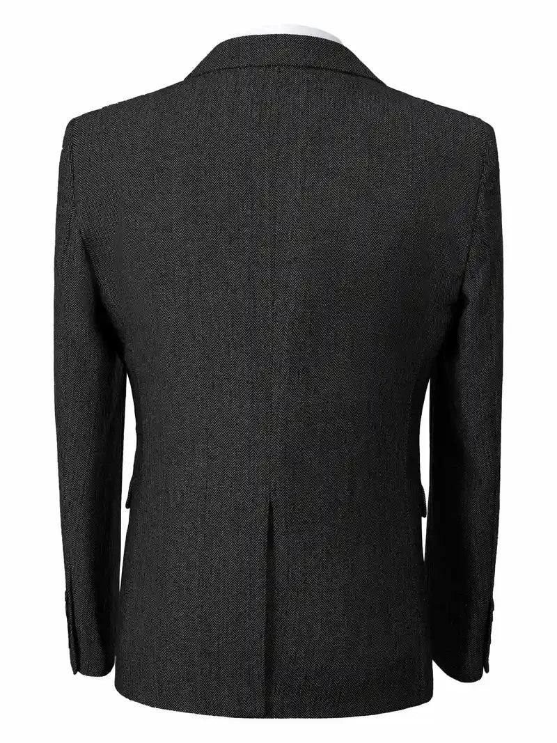 Retro Men's Suits 3pcs Tweed Herringbone Slim Fit Groom Tuxedos Prom Blazer Jacket (Jacket+Vest+Pants)
