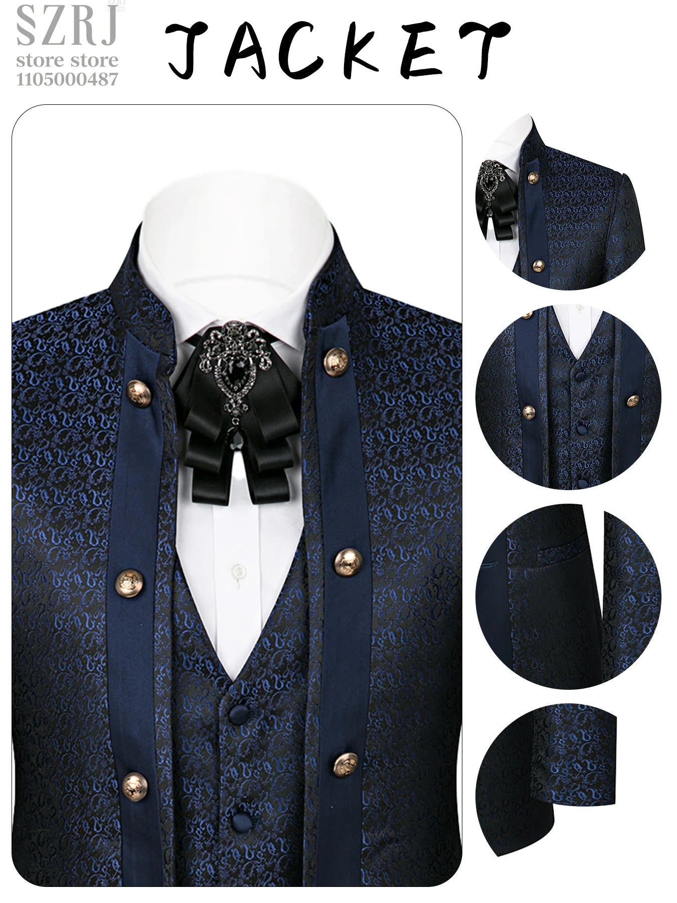 Men's 3pcs Floral Tuxedo Suit: Stand Collar, Double-Breasted Vest & Pants - Wedding/Party/Performance