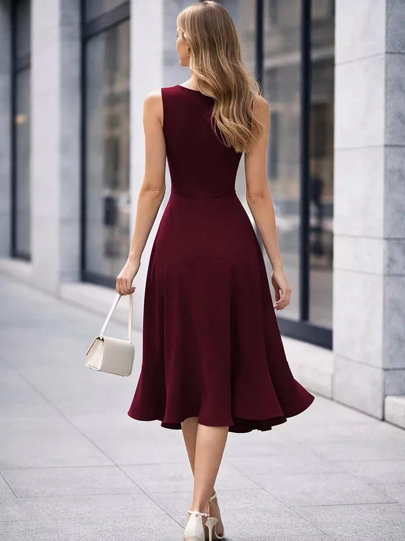 Women Elegant Round Neck Sleeveless Summer Cocktail Evening Party Midi Bodycon Irregular Ruffle Hem Formal Occasion Dress