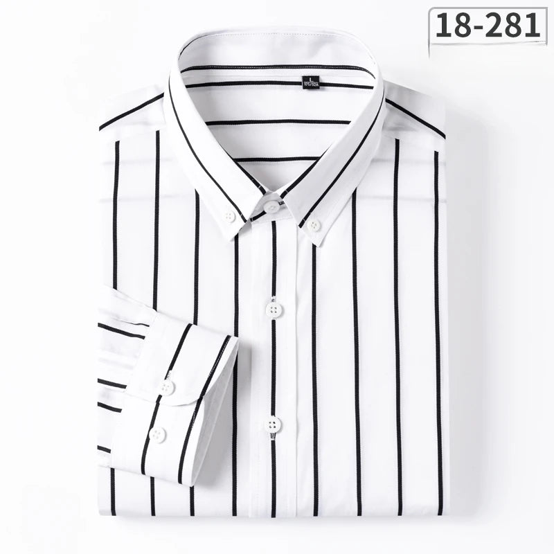 New in Shirt 100% Cotton Long-Sleeve Shirts for Men Slim Fit Plain Shirt Thin Plaid Striped Tops Fashion Elegants Office Clothes