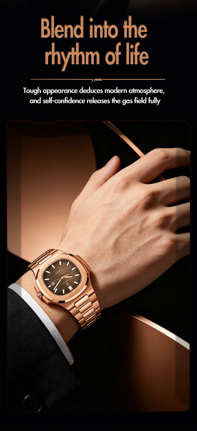 Luxury AIMANA Mens Automatic Watch Stainless Steel Strap Waterproof Luminous Date Calendar Rose Gold Nautilus Style Business Cas
