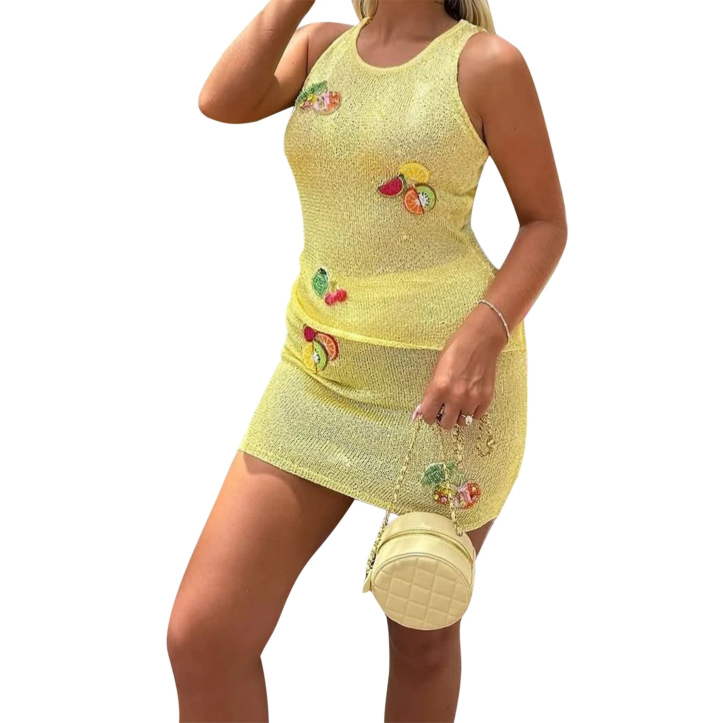 Women s Sleeveless Knitted Dress with Round Neckline and Colorful Fruit Patchwork Design Perfect for Summer Beachwear