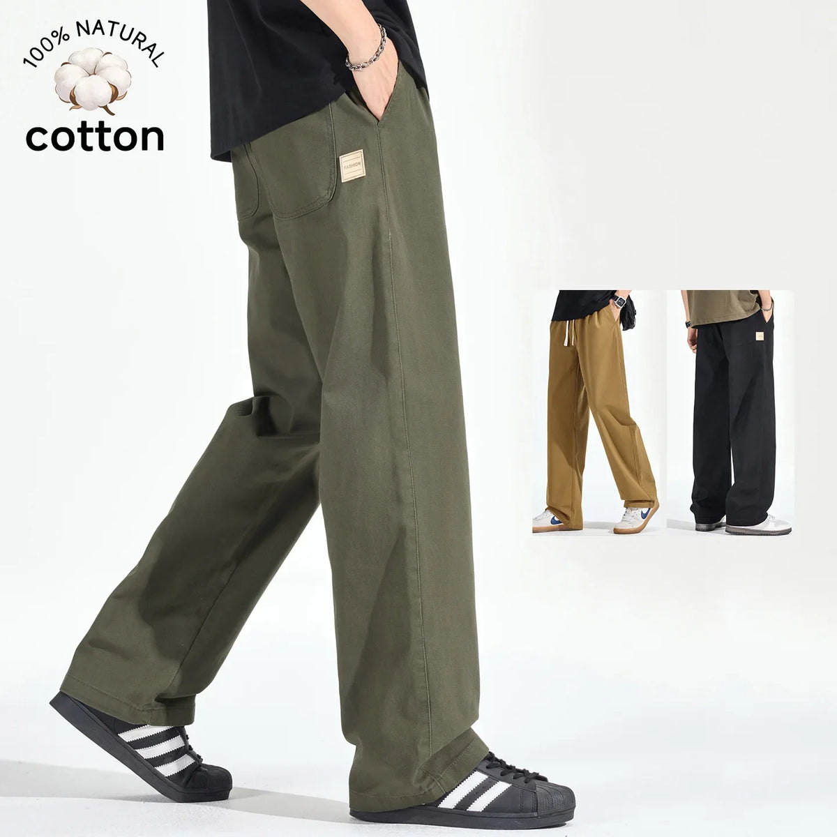 Autumn Winterr High-Quality 100%Cotton Casual Pants Men Elastic Waist Loose Baggy Straight Casual Work Cargo Khaki Trousers Male