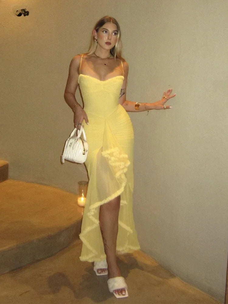 Weird Puss Ruffles Bandage Dress Women Sexy Backless Sleeveless Tassel Lace-Neck See Through Slits Hem Prom Party Long Bodycon