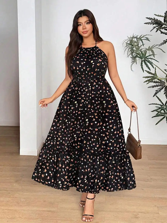Plus Size Women Ditsy Floral Casual Halter Neck Maxi Dress