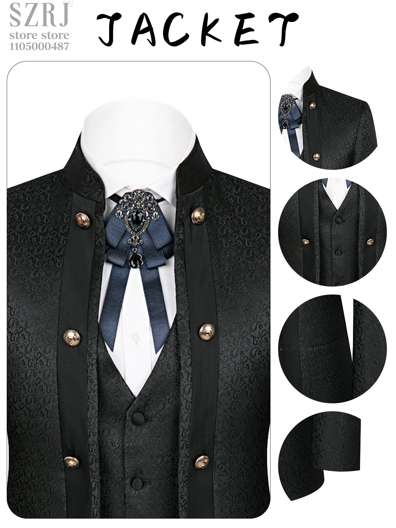 Men's 3pcs Floral Tuxedo Suit: Stand Collar, Double-Breasted Vest & Pants - Wedding/Party/Performance
