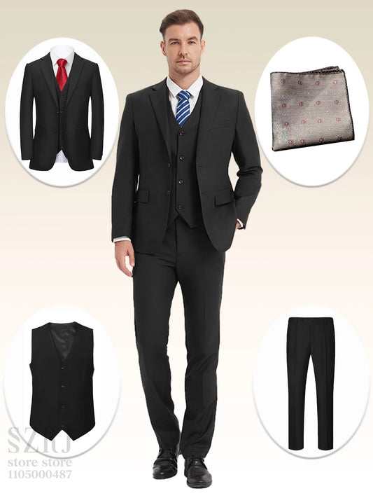 4pcs Classic Business Suit: Blazer, Vest, Pants, Pocket Square - Quality, Comfort, Stylish Lapel | Weddings/Parties/Business