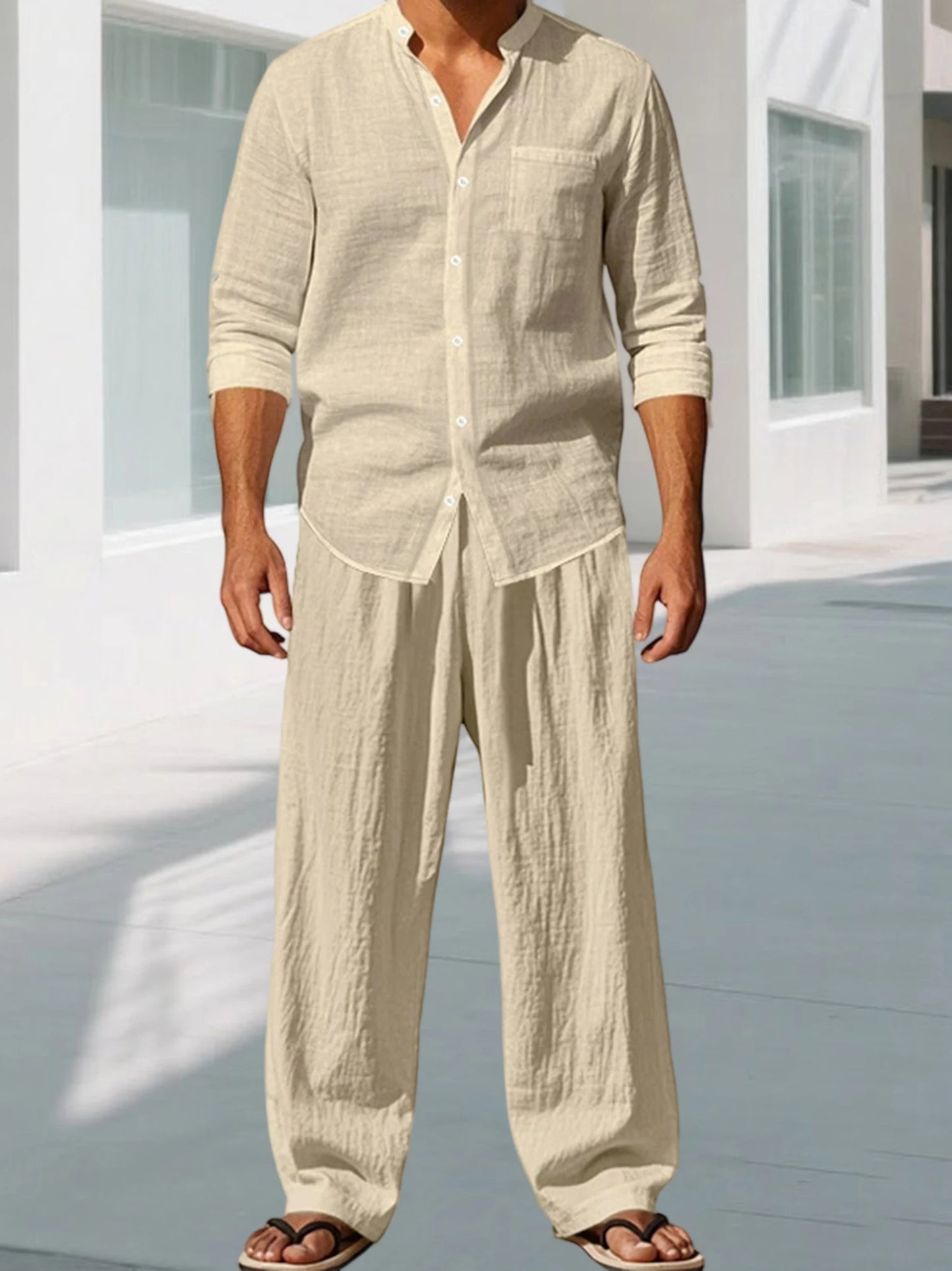 Men s Cotton Summer Outfits Sets Lightweight Breathable Short Sleeve Shirt and Shorts 2 Pcs Set for Beach Vacation