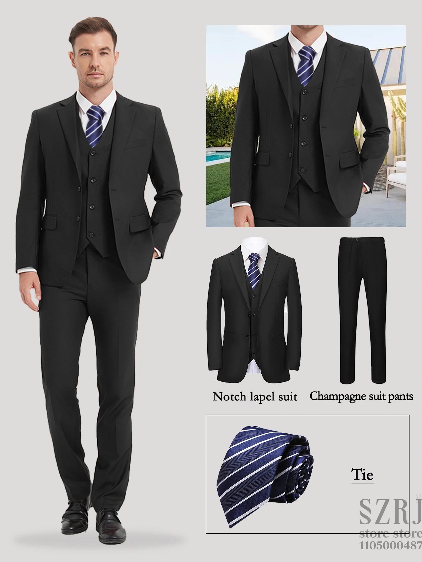 Men's 4-Piece Suit: Jacket+Vest+Pants+Blue Striped Tie. V-Neck, Gentleman Style, Tailored. For Business, Parties, Weddings.