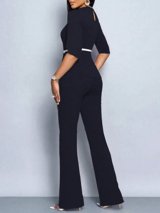 2025 latest elegant temperament solid color top wide-leg pants two-piece set with belt