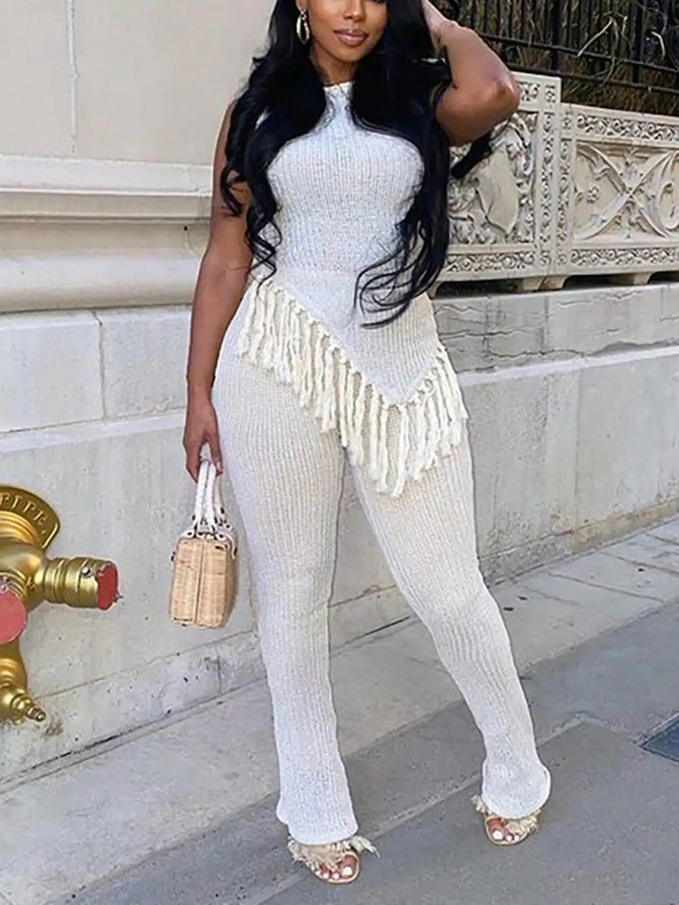 Solid fringed suit short-sleeved round-neck top sexy trousers 2-piece women's party streetwear set 2025