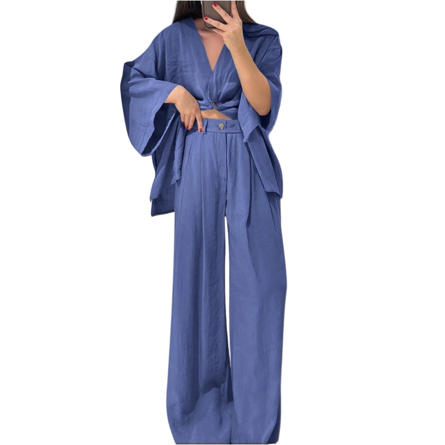 Two Piece Outfits For Women V Neck Button Down Shirt Top And Wide Leg Pants Set Loose Sweatsuits Conjunto Dos Piezas Mujer