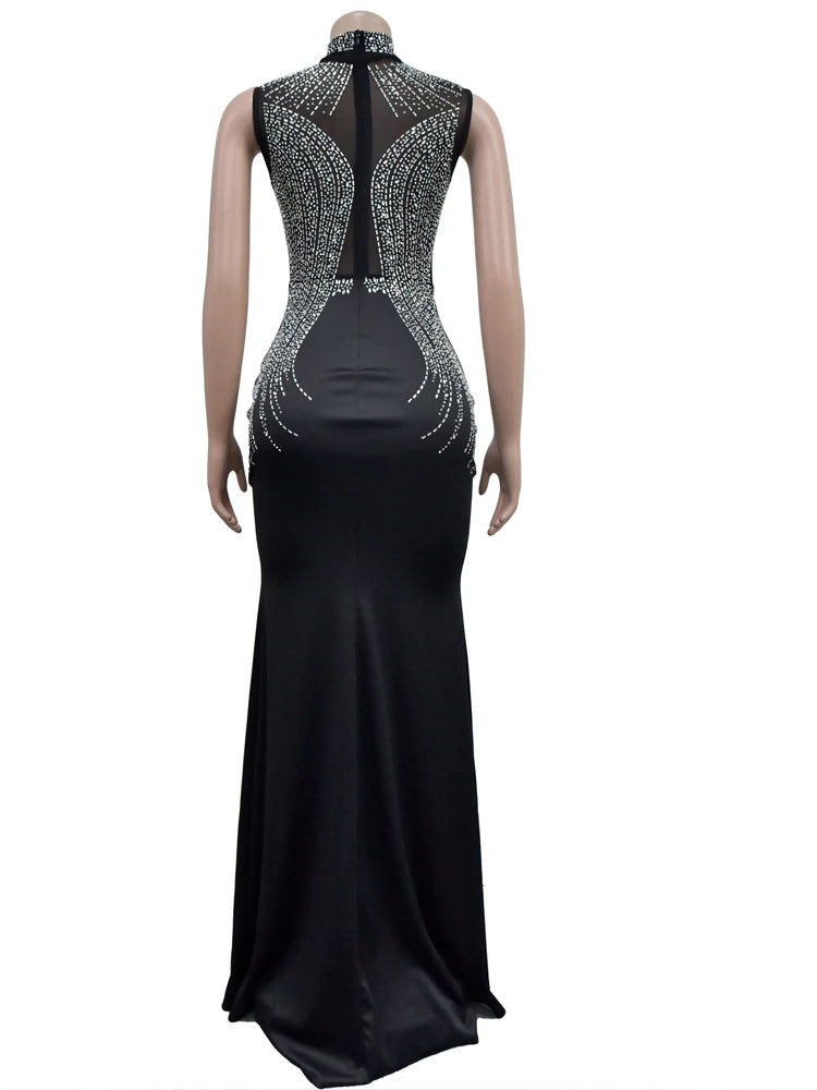 Beyprern Women's Black Mesh Bust Rhinestones Décor High Slit Maxi Dress Glam Mock Neck Crystal Party Dresses Celebrities Outfits