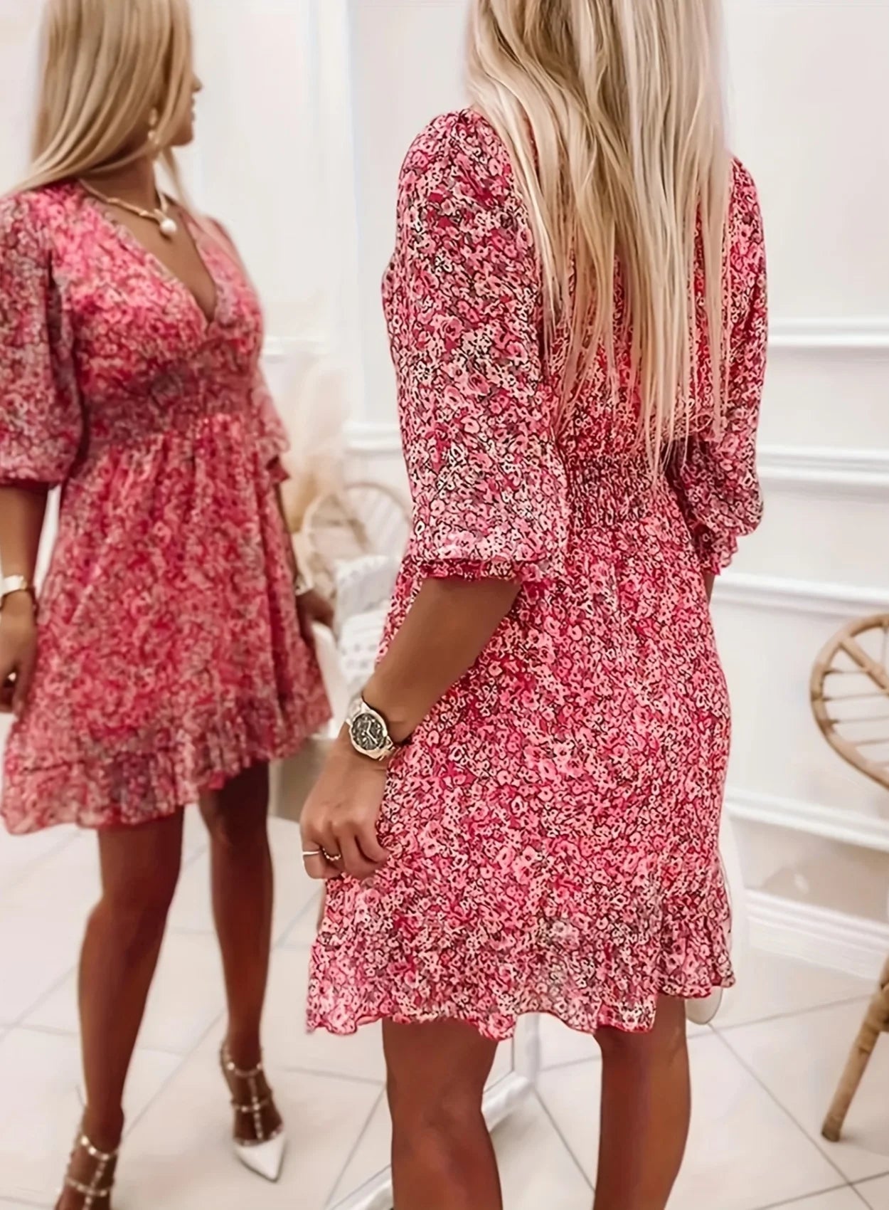 Women's small floral printed V-neck dress, elastic waist design, bohemian fashion casual dress, suitable for daily wear in sprin