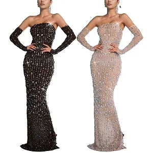 Women's Hot Drilling Craft Sexy Long Sleeve Mesh See Through Sequined Party Club Night Rhinestone Dress