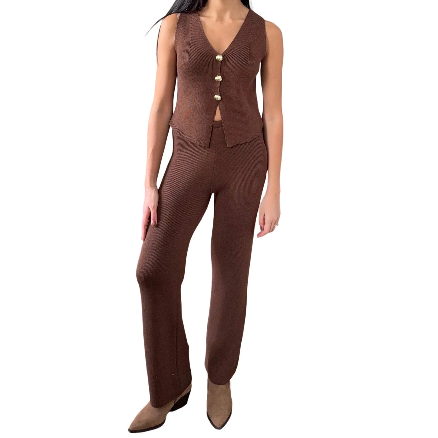 Women s Knitted Sleeveless Vest and Pants Set with Button Closure 2-Piece Summer Outfit for a Stylish Look