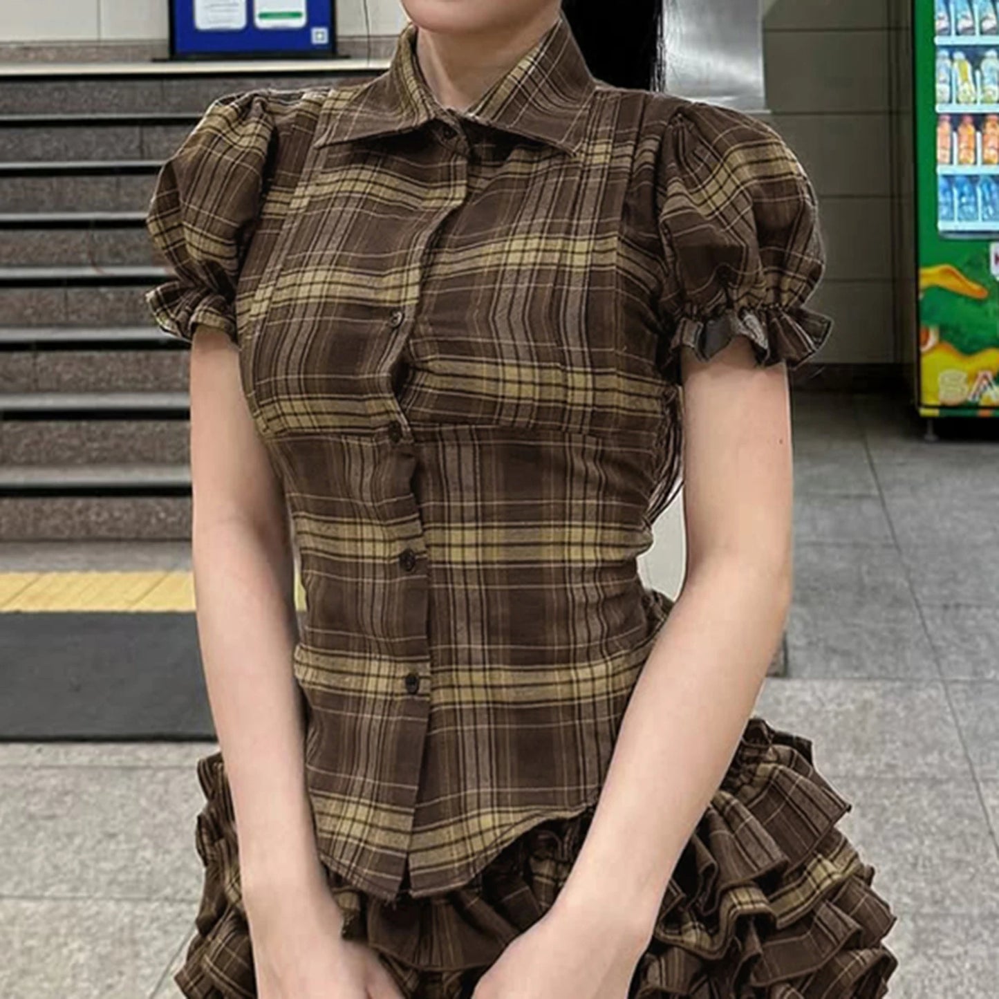 Ladies Plaid Patterned Blouses with Puff Sleeves and Lapel Collar  Fit Summer Tops for a Stylish Look