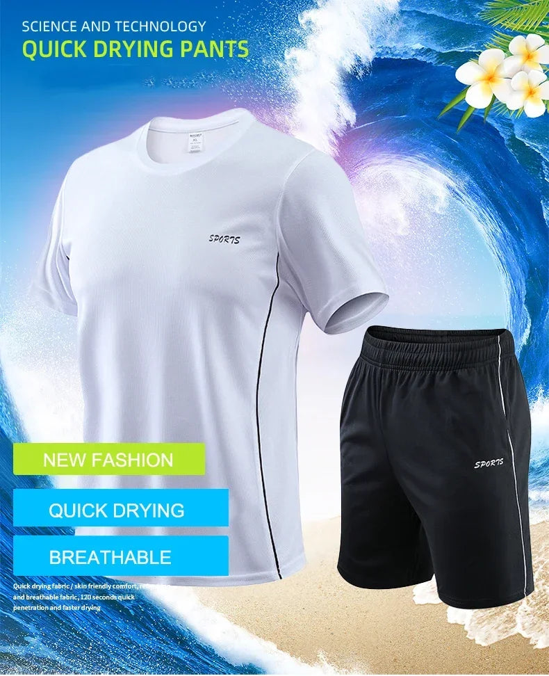 Men's Running Set Summer Quick Drying Sweat-absorbing Short Sleeved T-shirt Shorts Sports Suit Two-piece Set Men