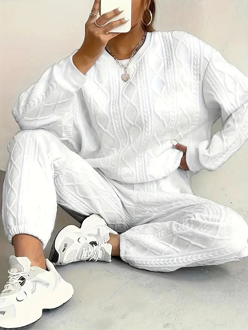 Plus Size Women's Twist Knit Textured Home Two-Piece Set, Comfortable Outfit for Autumn and Winter Casual Fashion Wear