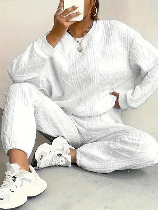 Plus Size Women's Twist Knit Textured Home Two-Piece Set, Comfortable Outfit for Autumn and Winter Casual Fashion Wear