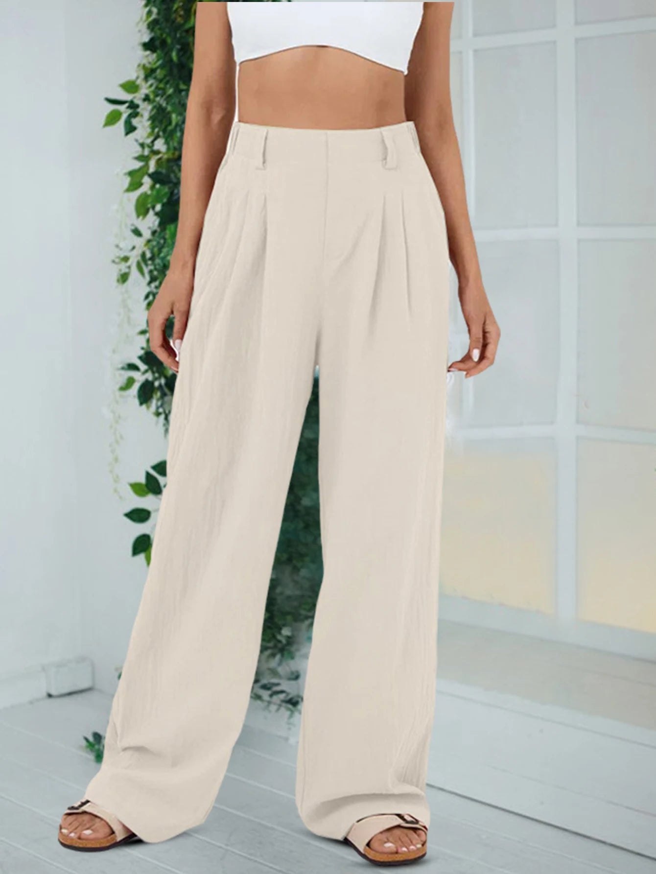 High Waisted Trousers for Women Casual Loose Solid Color Wide Leg Pants with Double Pockets Front Pleated Elastic Back Waistband