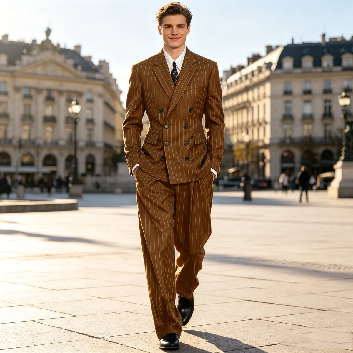 Men's Brown Pinstripe Suit 2 Piece Double Breasted Slim Fit Notch Lapel Jacket Wide Leg Pants Formal Set Business Wedding Outfit