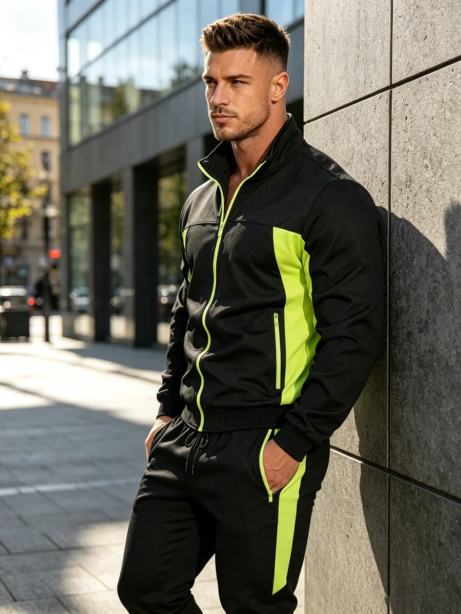 Men's Fashion R Icon Print Tracksuit Zipper Jacket And Drawstring Sweatpants Summer Outdoor Casual Fitness Training Apparel