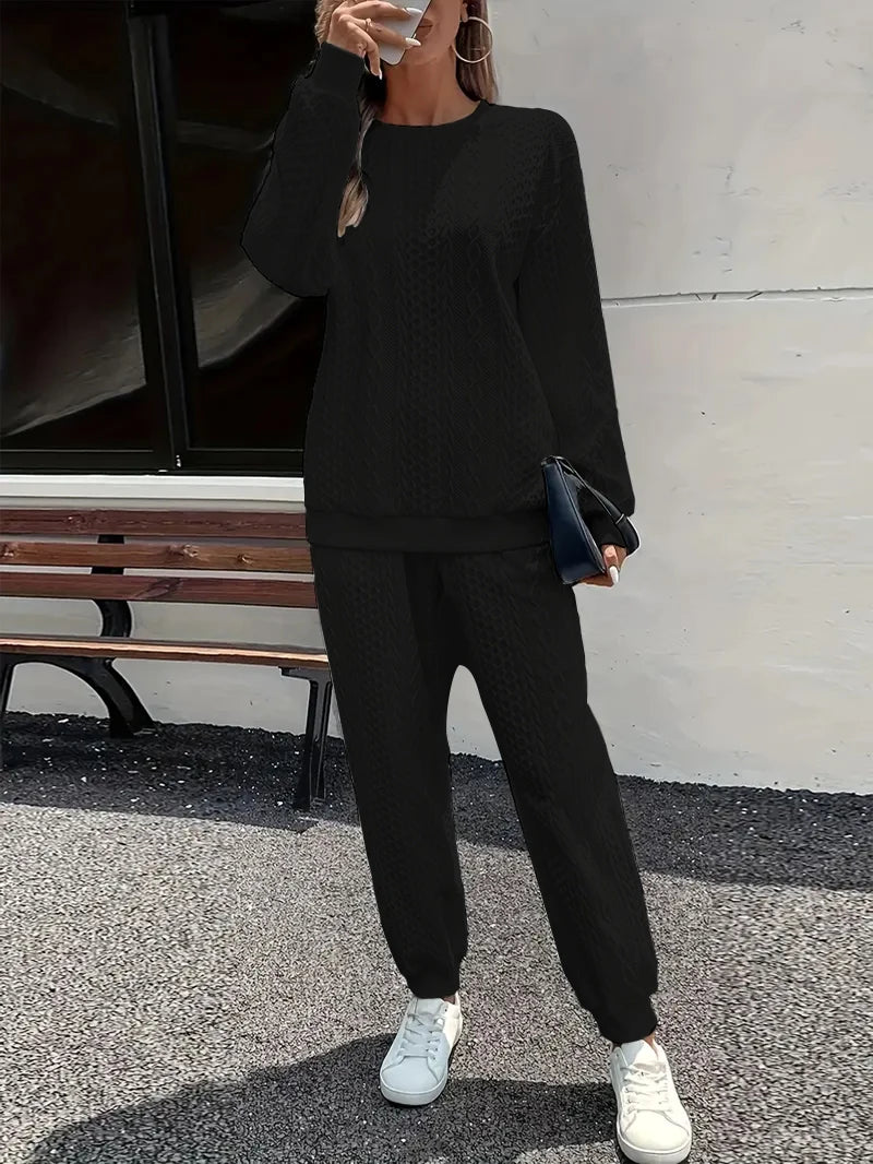 Plus Size Women's Twist Knit Textured Home Two-Piece Set, Comfortable Outfit for Autumn and Winter Casual Fashion Wear