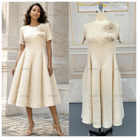 Miyake Pleated Dresses Plisse 2026 Summer New Waist-Slimming Plus Size Women's Fashion Pleats Fashion 3D Applique Dress Pleats