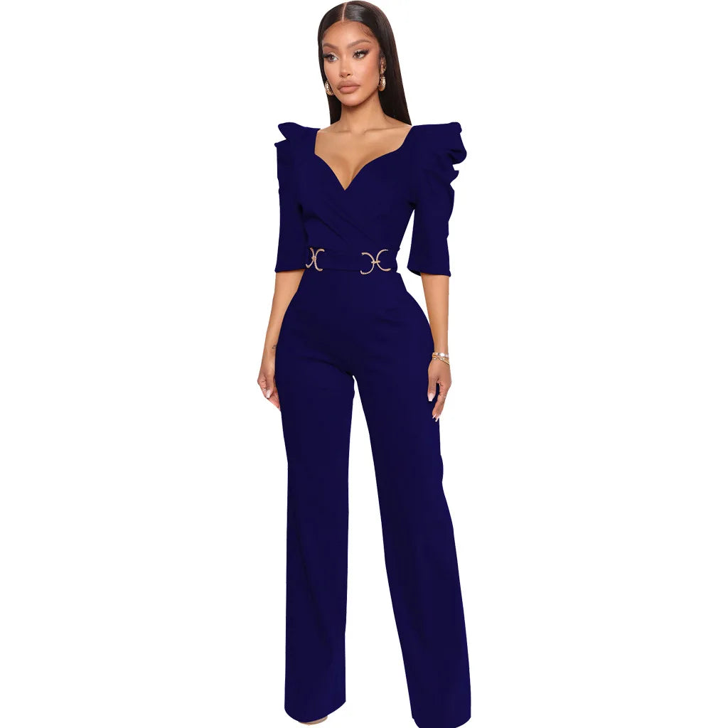Sexy fashion solid color seven-quarter sleeve V-neck women's jumpsuit SMR10805