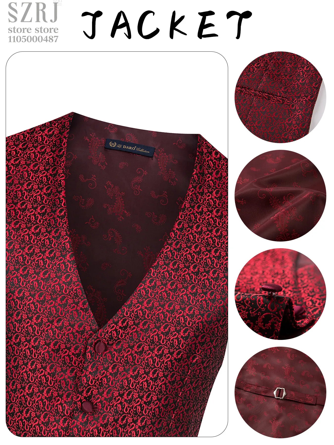 Men's 3pcs Floral Tuxedo Suit: Stand Collar, Double-Breasted Vest & Pants - Wedding/Party/Performance