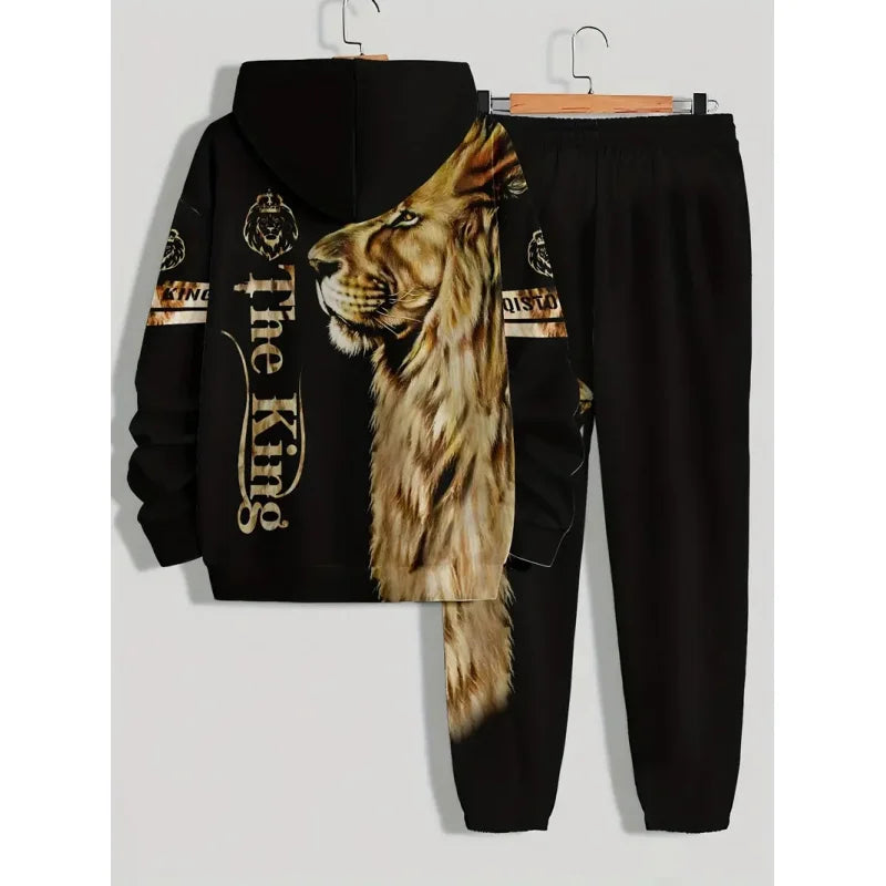 Men's 'THE KING' and Lion Print Long Sleeve Hoodie+Pants Suit，Casual Trendy Set as a Gift