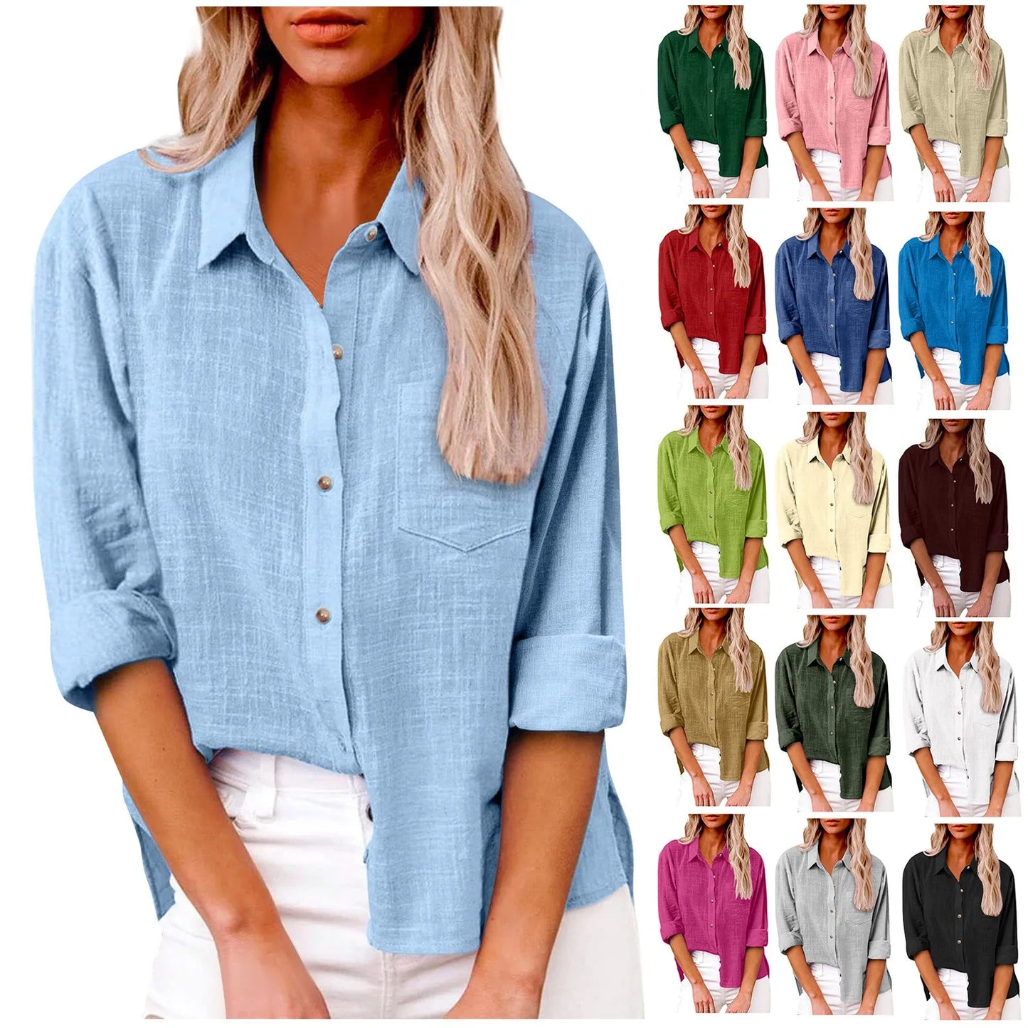 Women's Fashion Solid Color Cotton and Linen Shirt Autumn Long Sleeve Button Solid Color Loose Shirt Casual Large Size Shirt