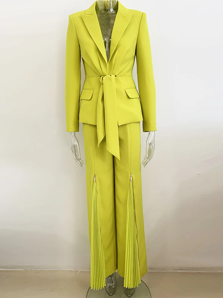 HIGH QUALITY Newest Fashion 2026 Designer Runway Suit Set Women's Belted Blazer Jacket Wide Leg Pleated Pants Set Two pieces