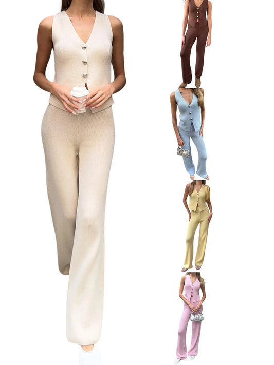 Women s Knitted Sleeveless Vest and Pants Set with Button Closure 2-Piece Summer Outfit for a Stylish Look