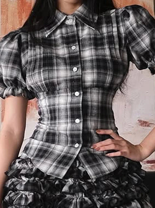 Ladies Plaid Patterned Blouses with Puff Sleeves and Lapel Collar  Fit Summer Tops for a Stylish Look