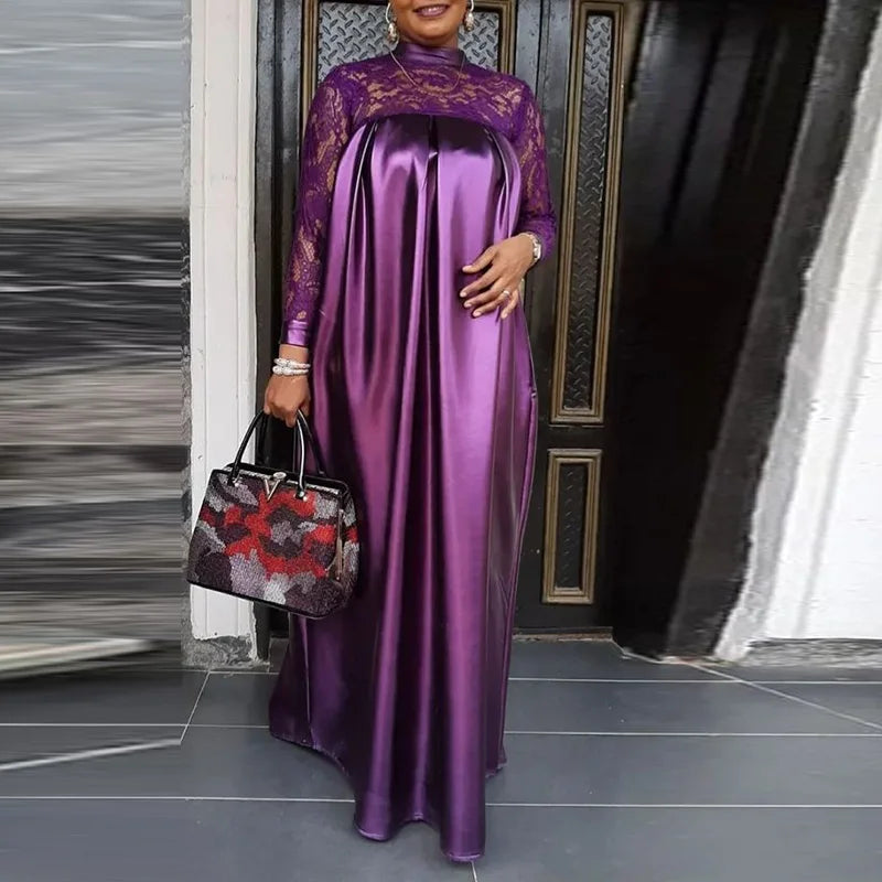 Elegant Women Summer Satin Maxi Dress 2024 VONDA Bohemian Lace Patchwork Long Sleeve Stand Collar Casual Long Dresses Robe Femme