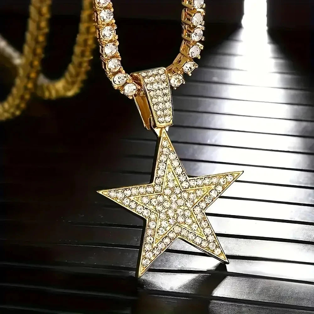 Iced Out Popular Full Rhinestone Star Shape Pendant Match 20inch Tennis Chain Fashion Jewelry Accessories For Men and Women USA