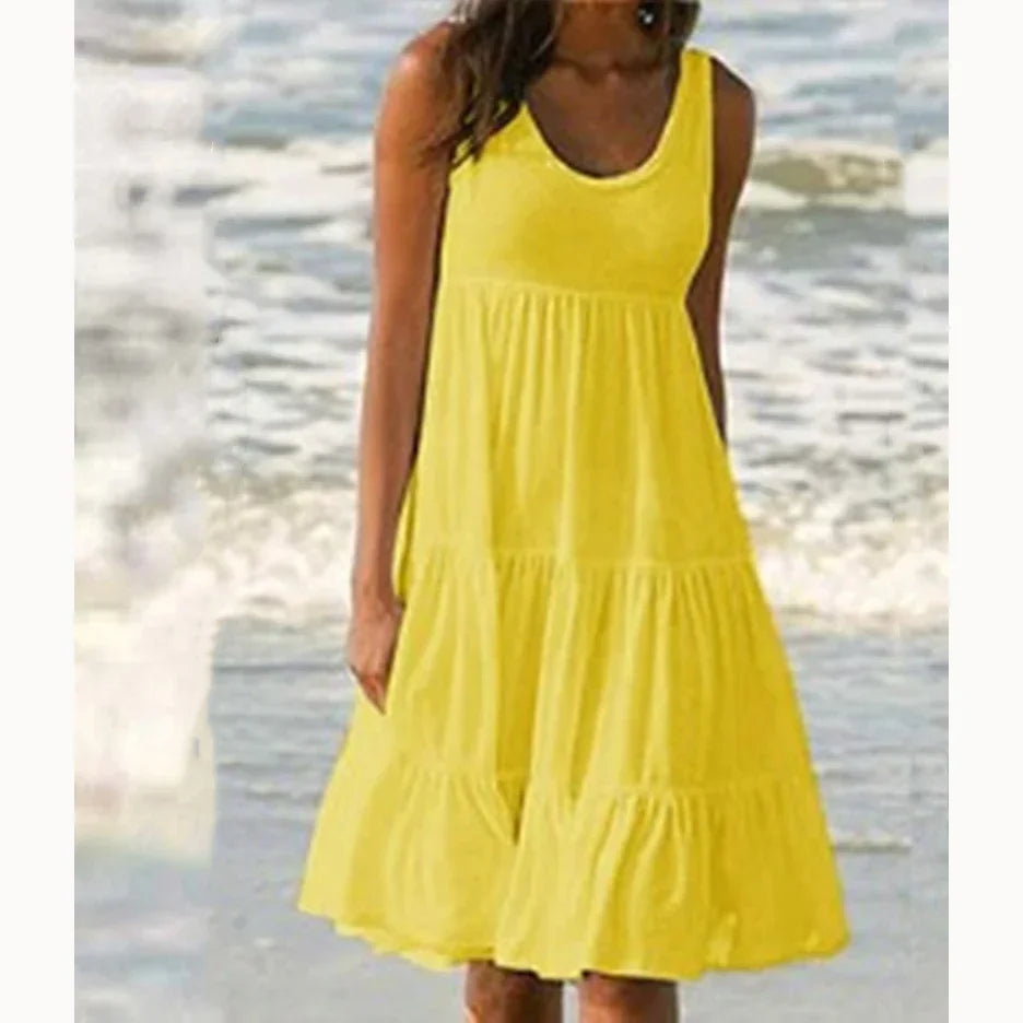 Women Causual O Neck Sleeveless Ruffles Mini Dress Boho Solid Beach Sundress Oversized Loose Dress 2025 Summer