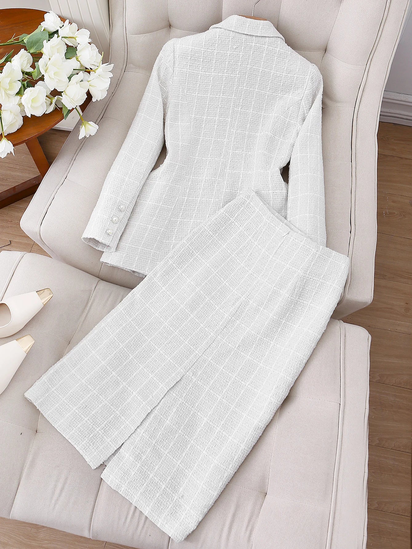 Fashionable and elegant urban regular fit lapel collar long sleeves solid color elegant jacket suit jacket and skirt set (belt n